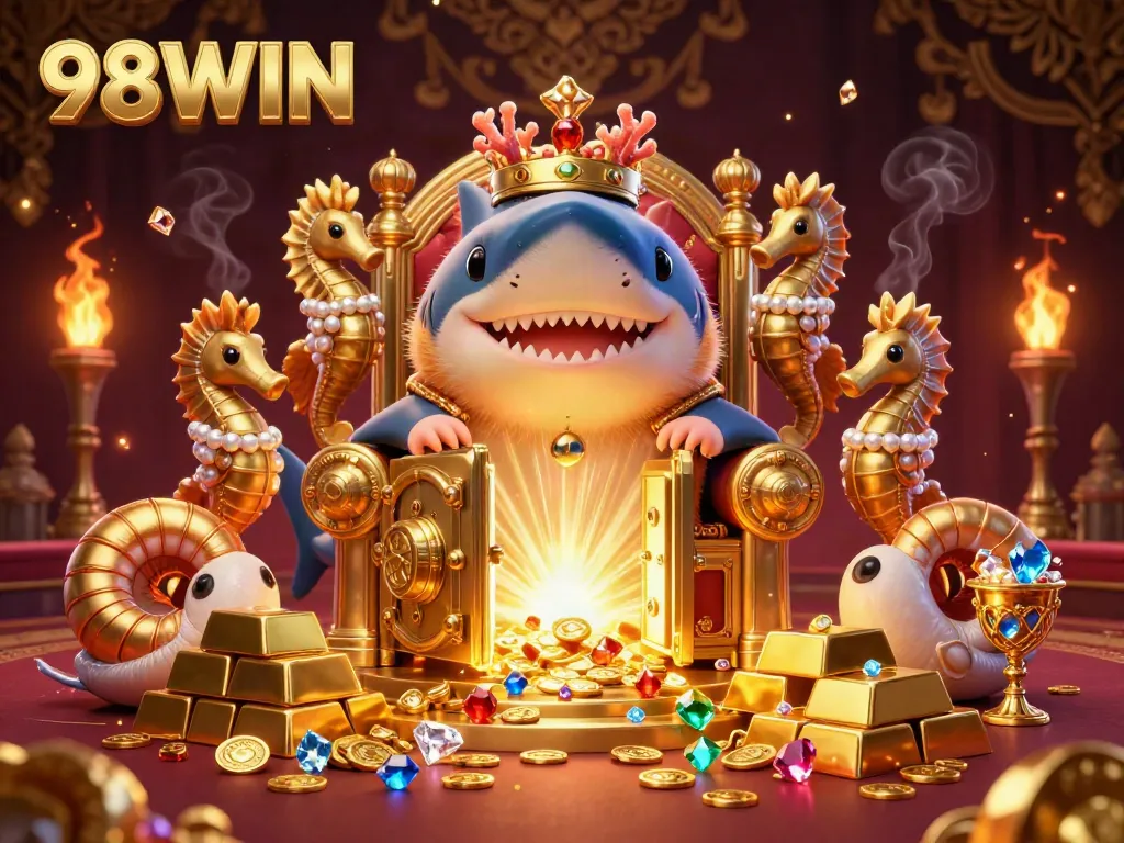 Join the excitement of 98WIN with a fierce hamster king in a lavish casino setting full of treasures.