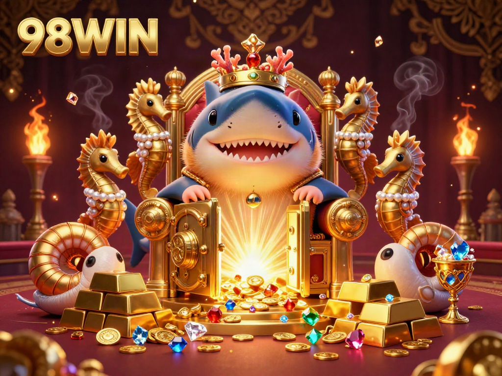 Join the excitement of 98WIN with a fierce hamster king in a lavish casino setting full of treasures.