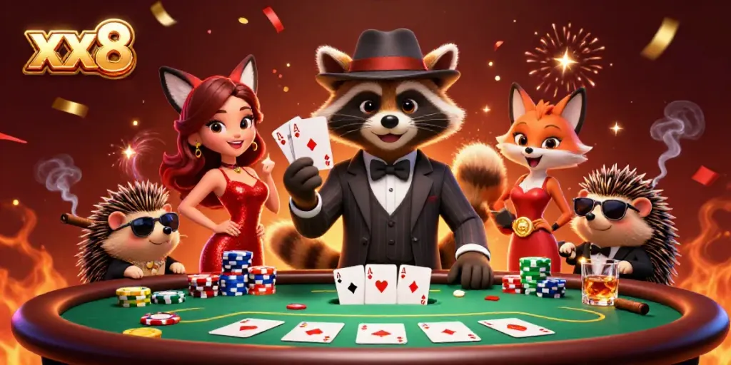 Play poker with fox and raccoon in xx8-themed casino, showcasing vibrant chips and cards.