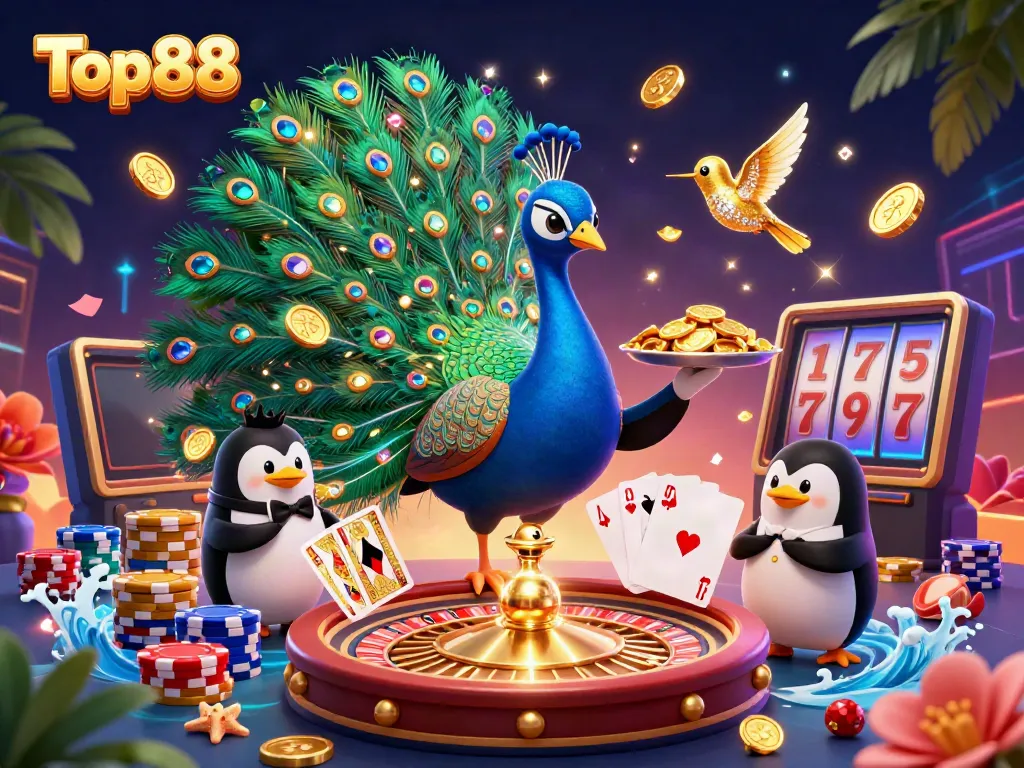 Experience thrilling gameplay with Top88 in this vibrant casino illustration featuring peacock, penguin, and hummingbird.