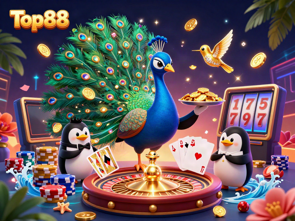 Experience thrilling gameplay with Top88 in this vibrant casino illustration featuring peacock, penguin, and hummingbird.