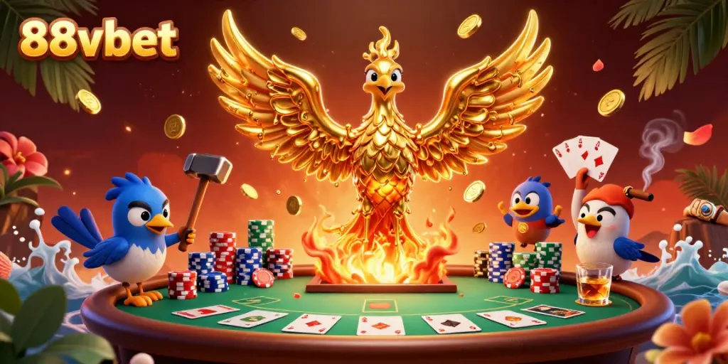 Immerse in a thrilling 88vbet poker scene where a molten phoenix creates coins amidst gaming excitement.