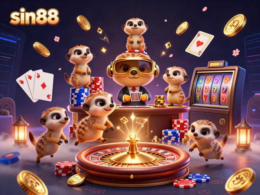 Engage with sin88's lively meerkat casino scene filled with chips, cards, and stunning details.