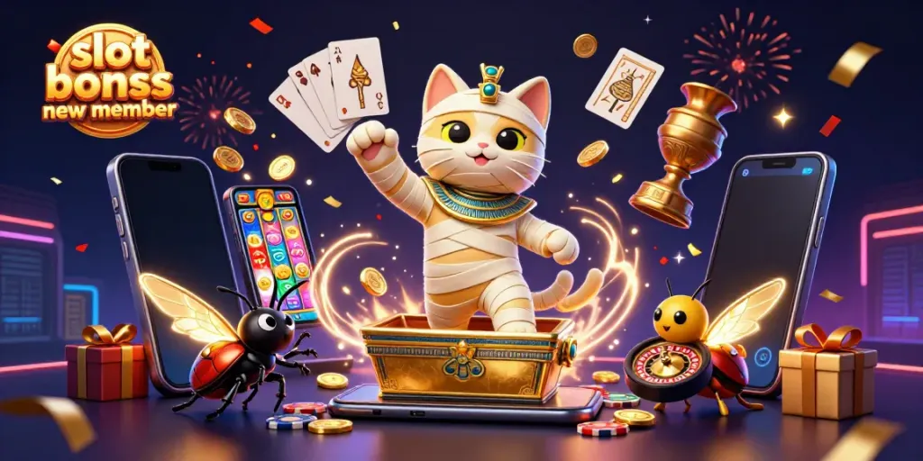 Exciting gameplay with slot bonus new member featuring a mummy cat and golden scarab in a vibrant casino
