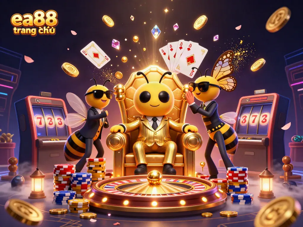 Win big with ea88 trang chủ in this vibrant casino-themed digital illustration featuring a bustling scene of excitement and winnings.