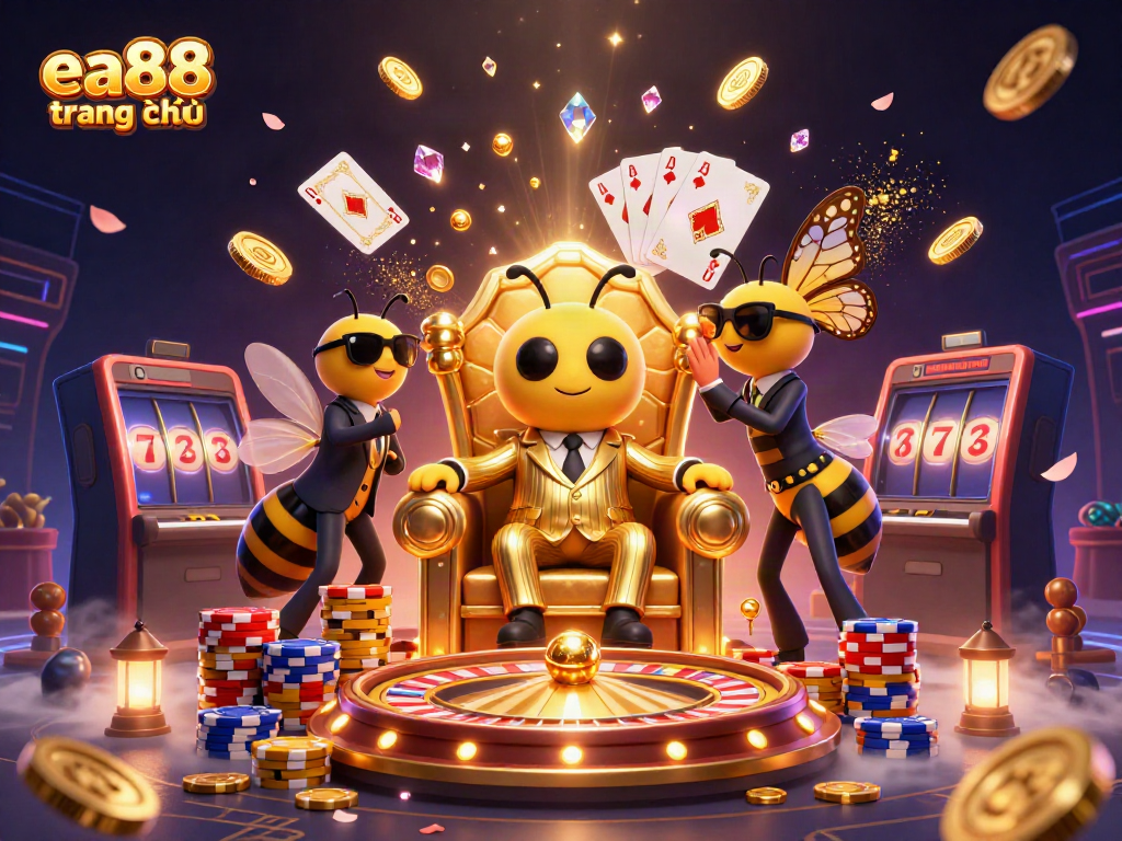 Win big with ea88 trang chủ in this vibrant casino-themed digital illustration featuring a bustling scene of excitement and winnings.