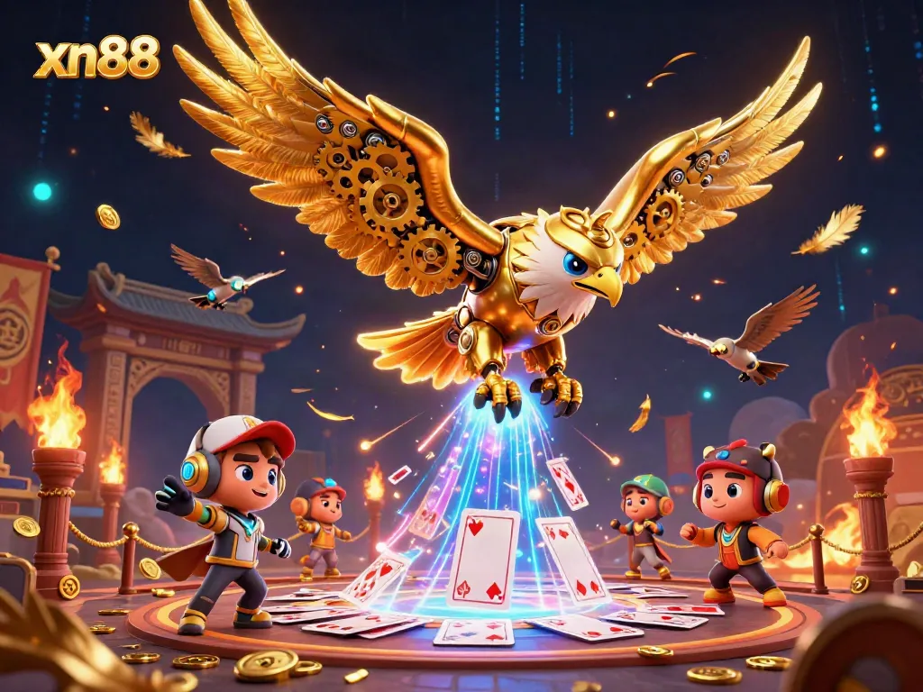 Xn88's immersive online casino experience represented by a golden eagle diving through holographic cards.