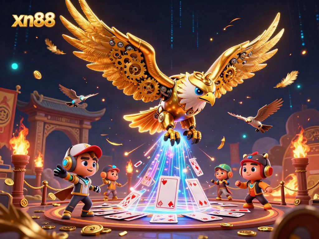 Xn88's immersive online casino experience represented by a golden eagle diving through holographic cards.