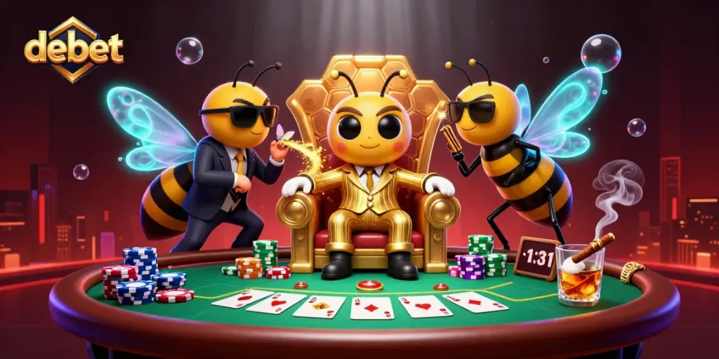Engage in thrilling bets with debet showcasing a colorful poker scene featuring immersive characters and rich visuals.
