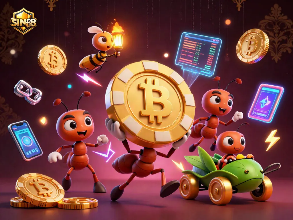 Experience thrilling gambling at SIN88 with a team of ants carrying a golden poker chip.