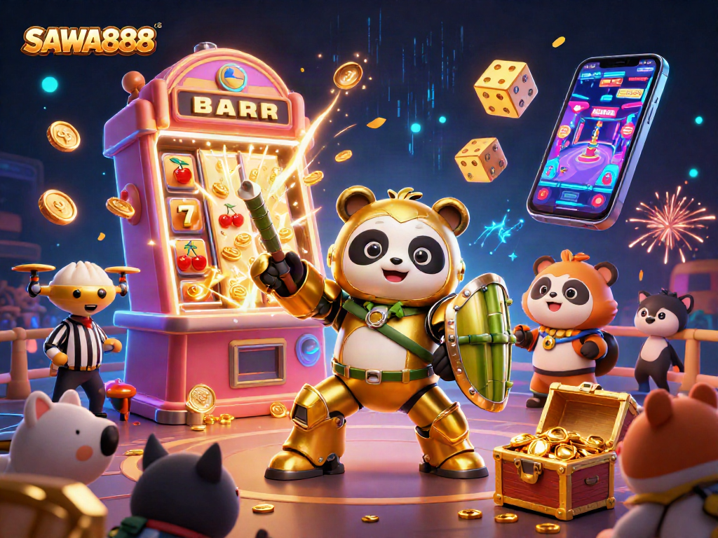 Experience SAWA888 with a vibrant 3D illustration featuring casino elements and colorful characters.