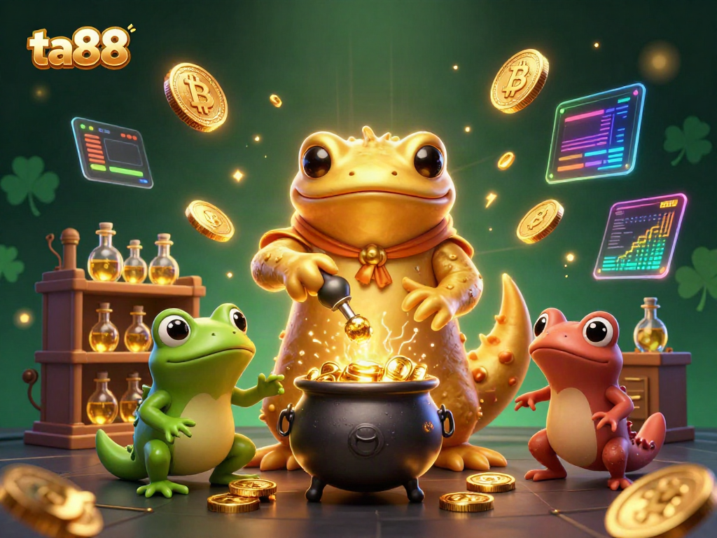 Experience winning moments with ta88 in a vibrant 3D online casino scene filled with gold and crypto elements.