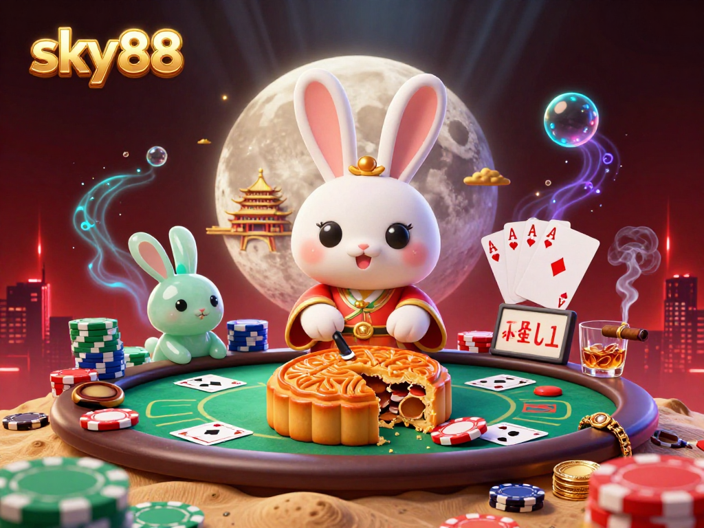 Join the action at sky88 with a whimsical moon rabbit illustration blending poker elements and casino magic.