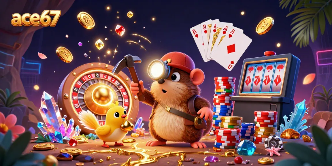 Experience the thrill of ace67 with a dynamic 3D scene of a treasure hunter mole, golden coins, and slot reels.