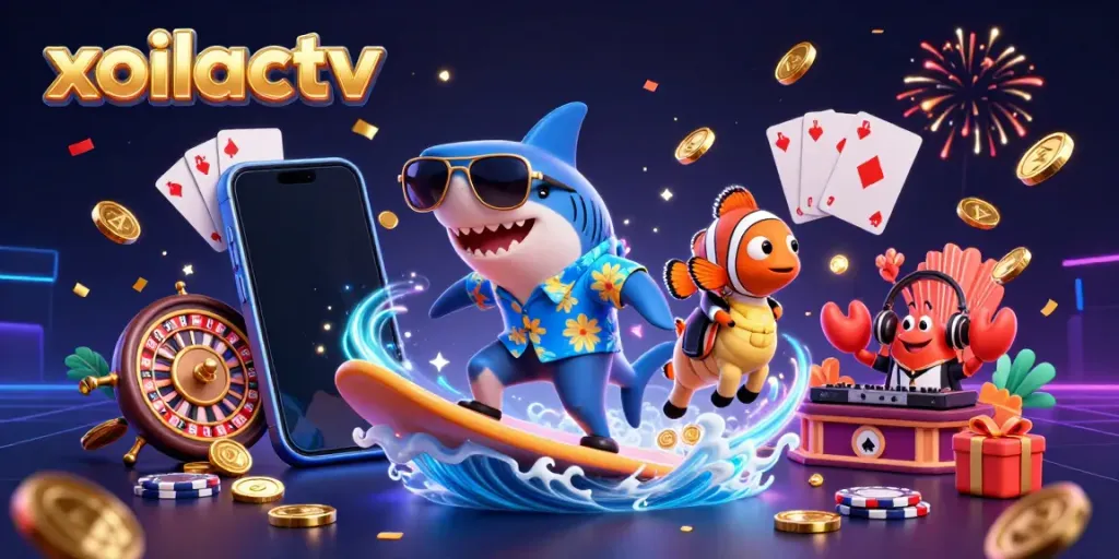 Xoilactv festive cartoon illustration with a hammer-head shark surfing on gold coins.