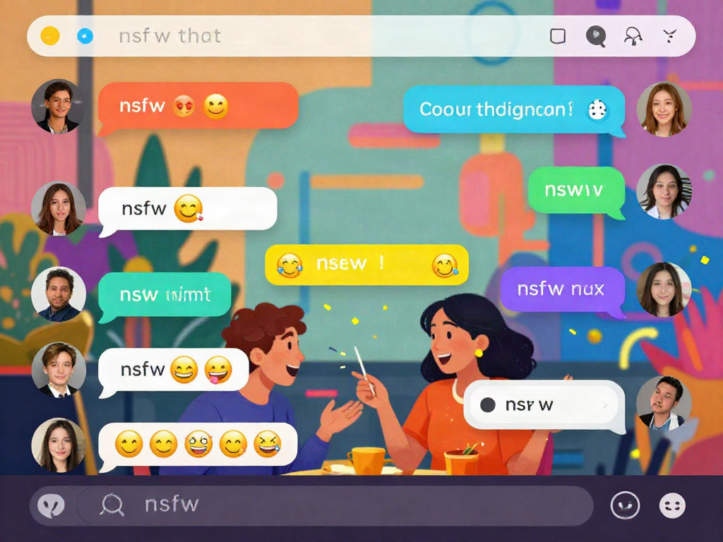 Vibrant nsfw chat environment with diverse avatars in animated conversations, showcasing creativity and connection.