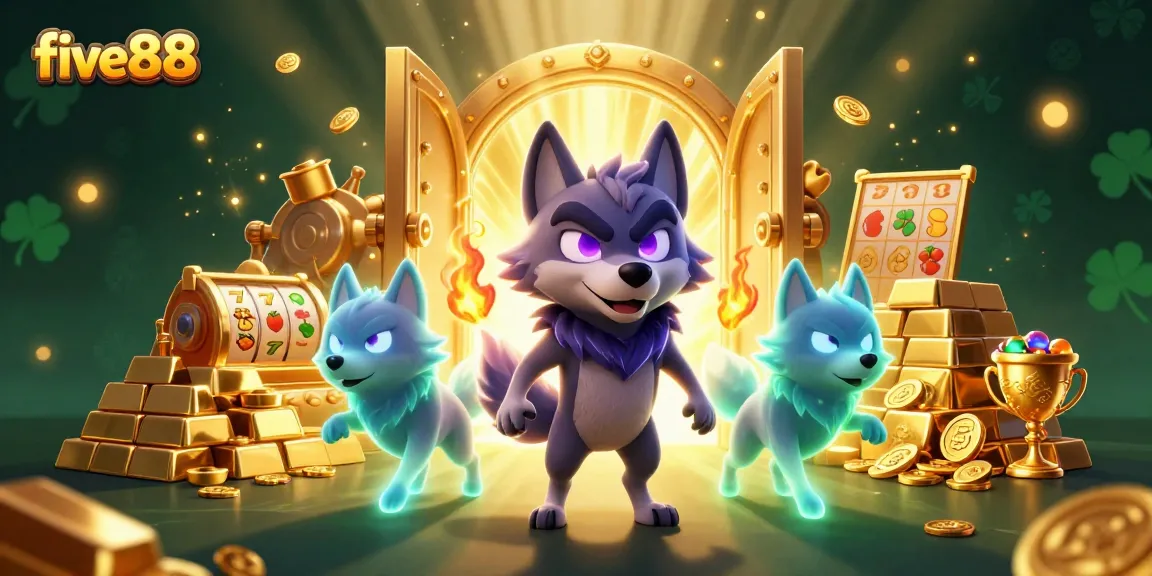Join the excitement of five88 slots with a dynamic illustration of spectral wolves and wealth.
