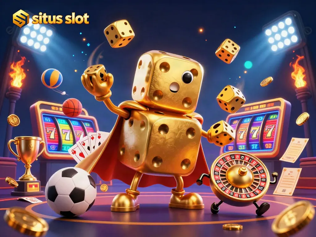 Sites slot enthusiasts enjoy a vibrant gaming scene with golden characters, slot reels, and dynamic elements.