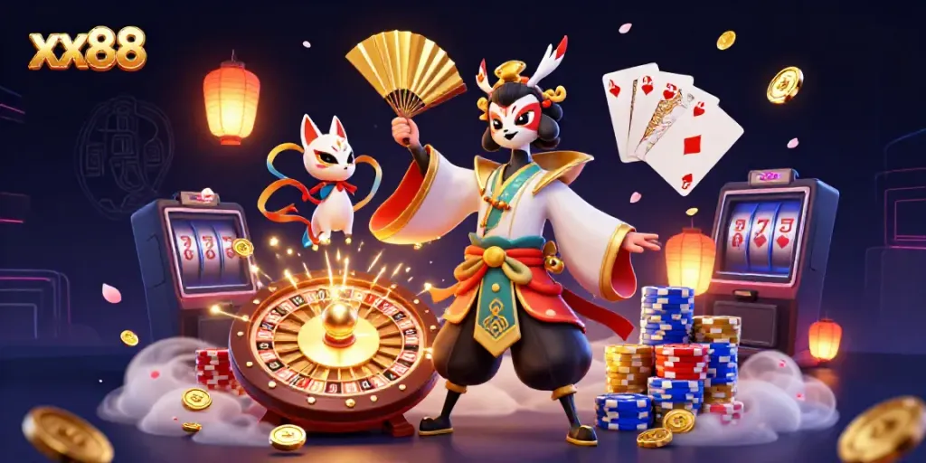 Immerse in the world of xx88 with dynamic casino elements and vibrant characters.