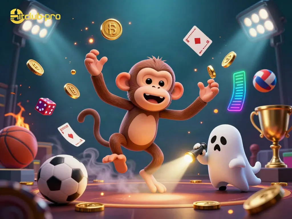 Immerse in the hitclub-pro casino scene with a ghost-hunting puppy and a mischievous monkey juggling golden casino items.