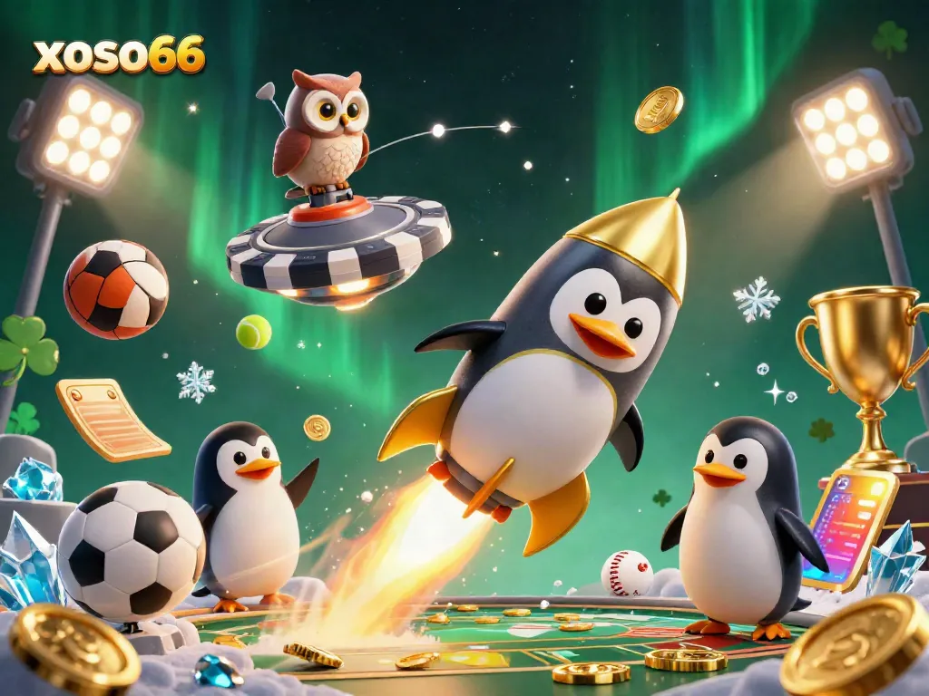 Experience thrilling action with the xoso66 penguin racing towards a casino chip, surrounded by dynamic sports elements.