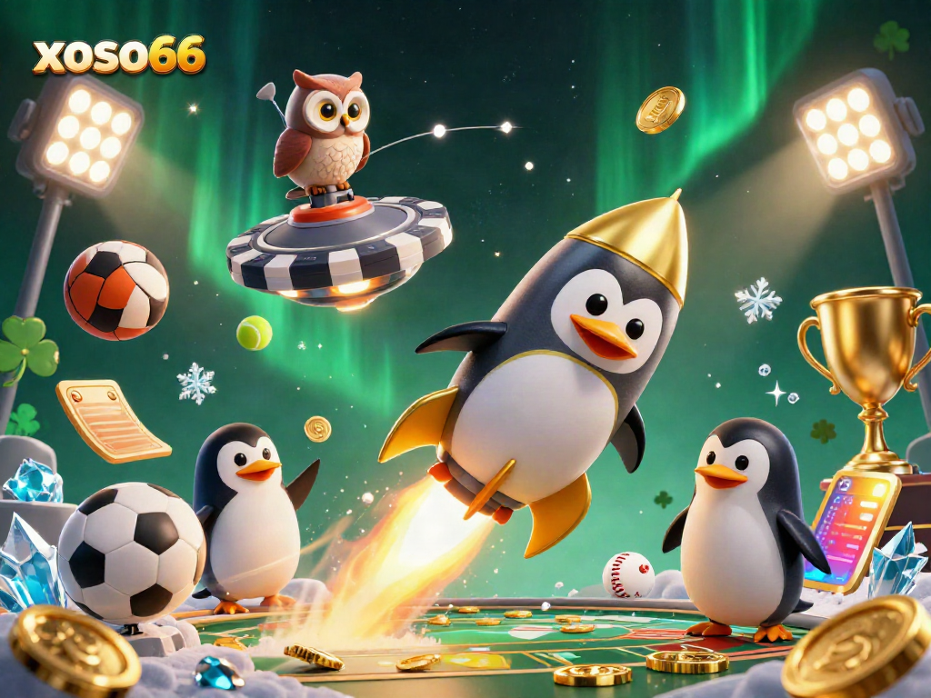 Experience thrilling action with the xoso66 penguin racing towards a casino chip, surrounded by dynamic sports elements.