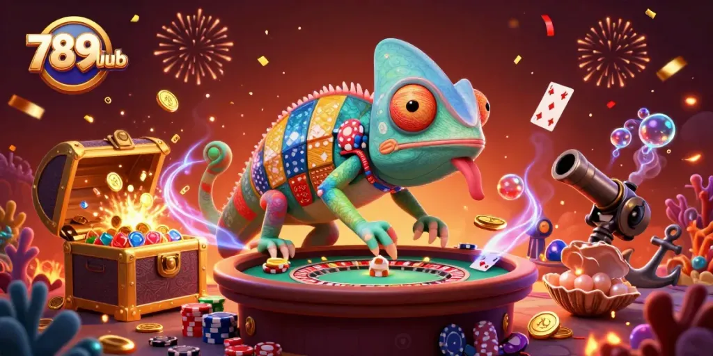Engage with 789club's vibrant casino adventure featuring a colorful chameleon owner amidst gold coins and treasure.